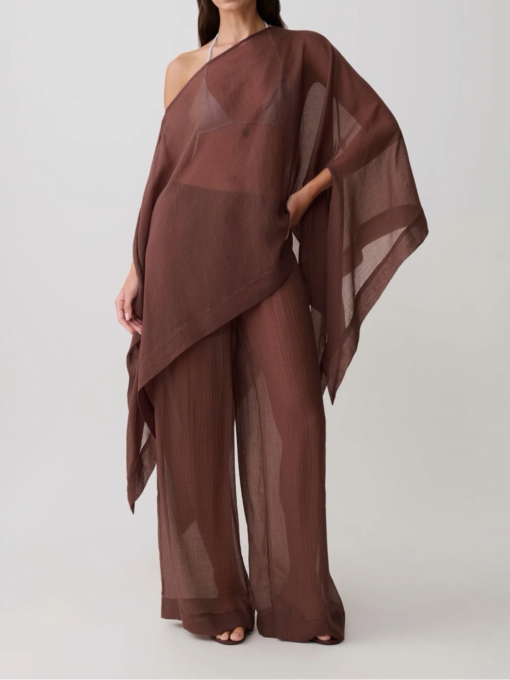 Bikini Bay Sheer Chocolate Brown Tie Front Coverup Pants